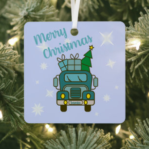 Santa truck front view Merry Christmas Metal Ornament