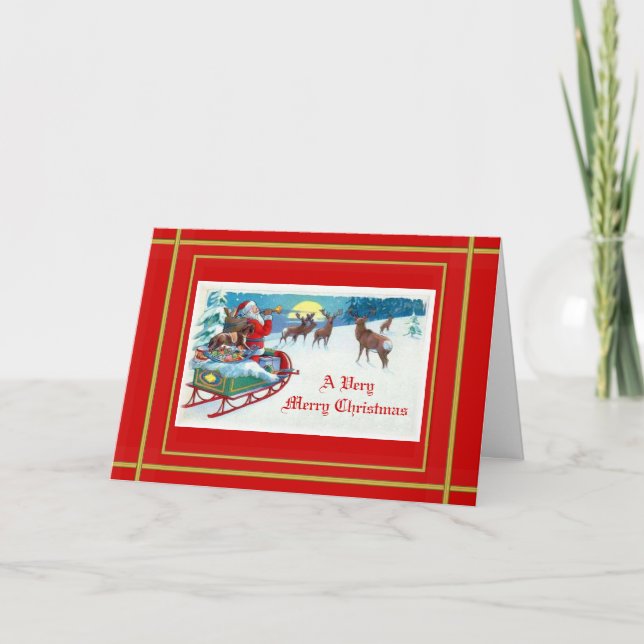Santa Trumpeting To His Reindeer Card (Front)