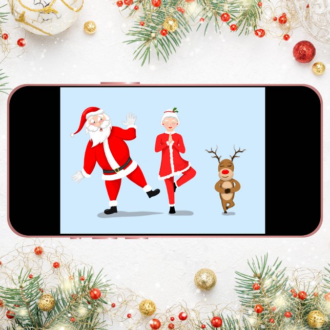 Santa Trying To Do Yoga With Mrs. Claus & Reindeer Card (Santa working on doing the tree pose!)