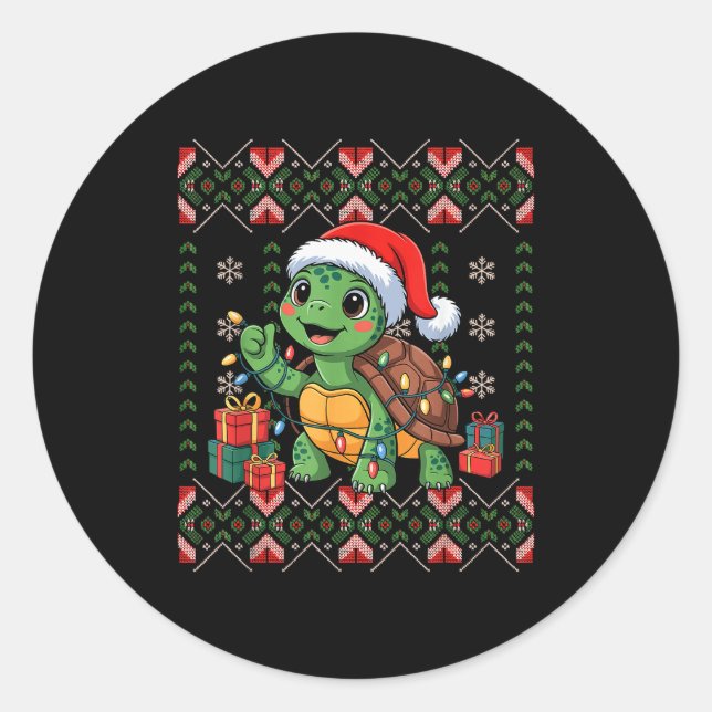 Santa Turtle Christmas Ugly Sweater Funny Holiday  Classic Round Sticker (Front)