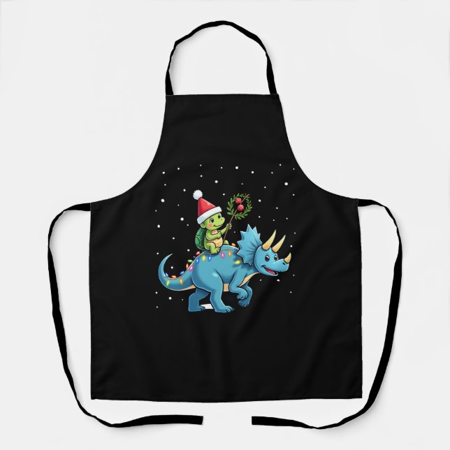 Santa Turtle Riding T-Rex Reindeer Christmas Light Apron (Front)
