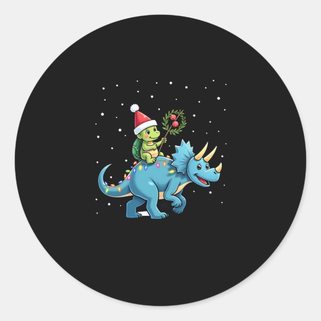 Santa Turtle Riding T-Rex Reindeer Christmas Light Classic Round Sticker (Front)