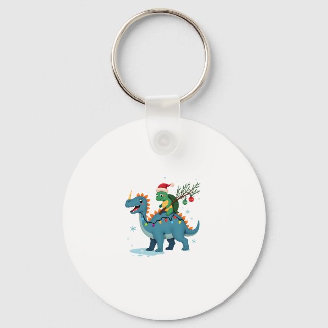 Santa Turtle Riding T-Rex Reindeer Christmas Light Keychain (Front)