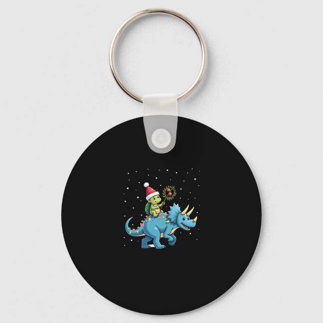 Santa Turtle Riding T-Rex Reindeer Christmas Light Keychain (Front)
