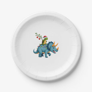 Santa Turtle Riding T-Rex Reindeer Christmas Light Paper Plate