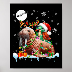 Santa Turtle Riding Walrus Reindeer Christmas Sea Poster