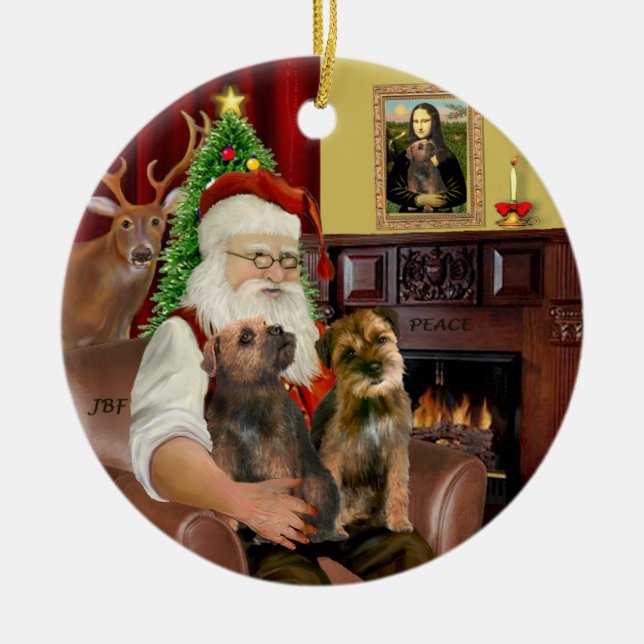 Santa - Two Border Terriers Ceramic Ornament (Front)
