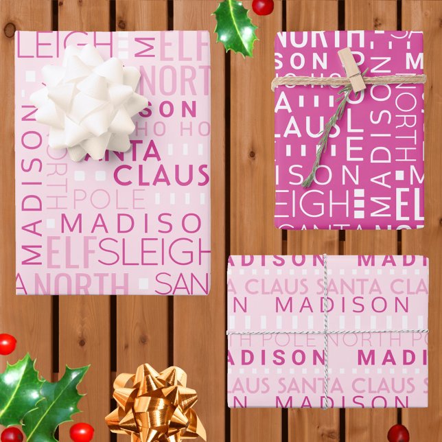 Santa Typography Chic Pink Kids Name Christmas Wrapping Paper Sheet (Add your child's name to this cute pink Santa typography personalized Christmas wrapping paper)