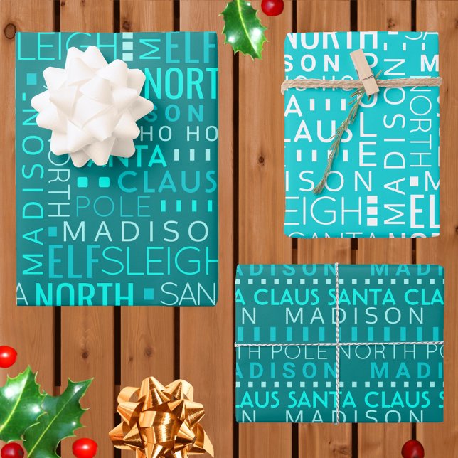 Santa Typography Teal Blue Kids Name Christmas Wrapping Paper Sheet (It's easy to add a name to this modern Santa typography Christmas wrapping paper in chic teal blue)