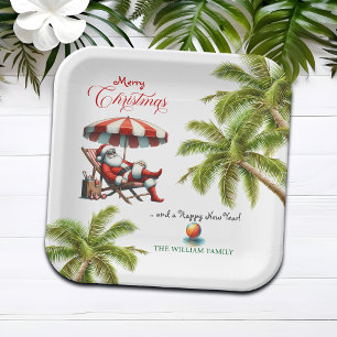 Santa under a Beach Umbrella Christmas Paper Plate