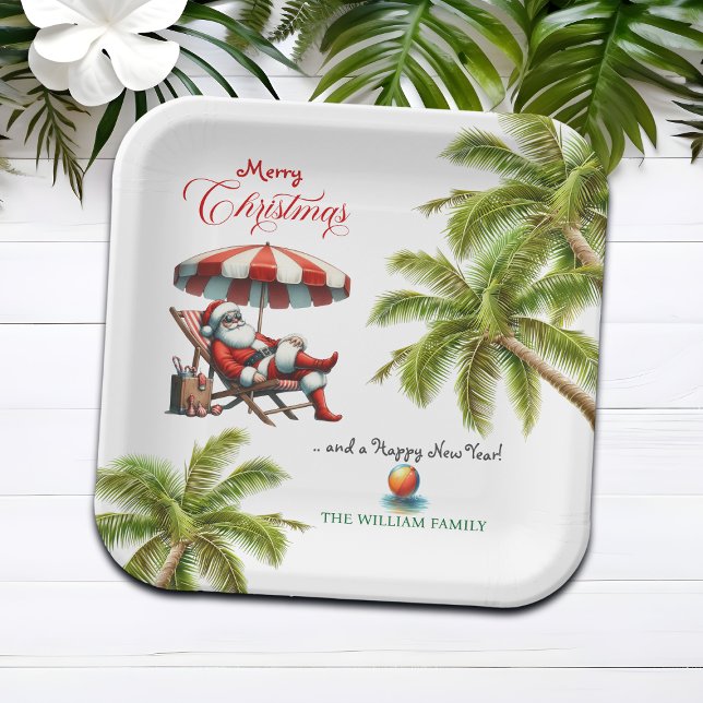 Santa under a Beach Umbrella Christmas Paper Plate (Creator Uploaded)