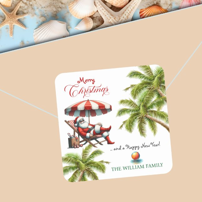 Santa under a Beach Umbrella Christmas Square Sticker (Creator Uploaded)