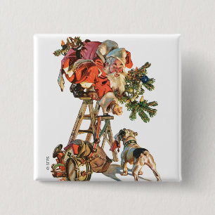 Santa Up a Ladder 2 Inch Square Button