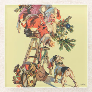 Santa Up a Ladder Glass Coaster