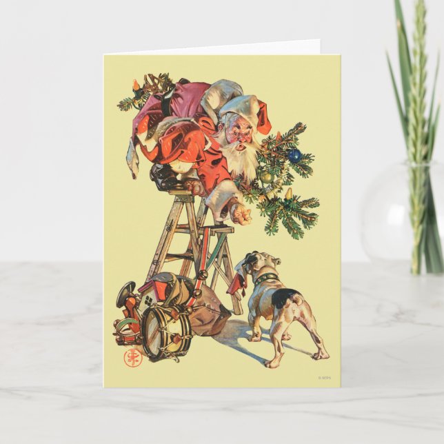 Santa Up a Ladder Holiday Card (Front)