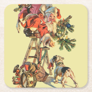 Santa Up a Ladder Square Paper Coaster
