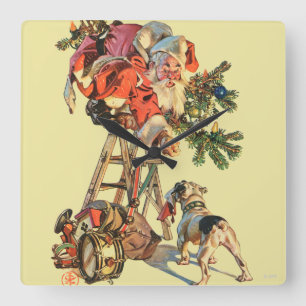 Santa Up a Ladder Square Wall Clock