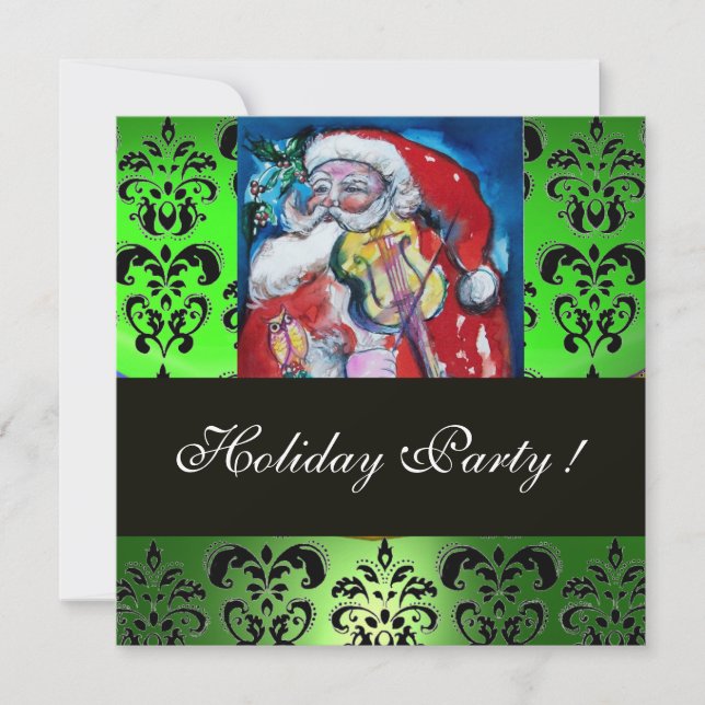 SANTA  & VIOLIN ,GREEN BLACK DAMASK MONOGRAM ,Ruby Invitation (Front)