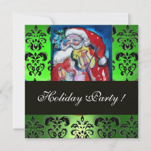 SANTA & VIOLIN ,GREEN BLACK DAMASK MONOGRAM ,Ruby Invitation
