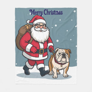 Santa walking a bulldog Christmas Fleece Blanket