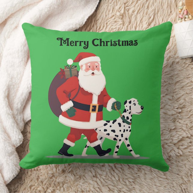 Santa walking a Dalmatian Christmas Throw Pillow (Blanket)