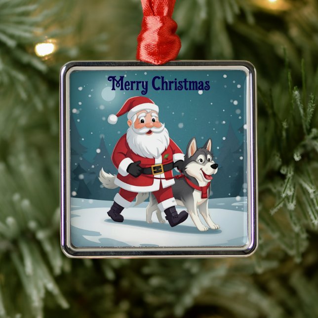 Santa walking a Husky Christmas Ornament (Tree)