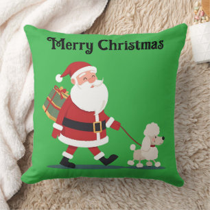 Santa walking a poodle Christmas Throw Pillow