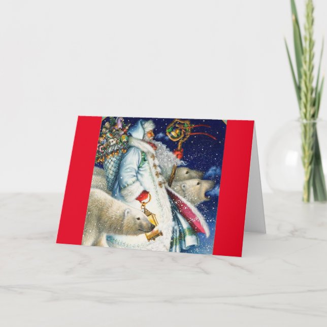 Santa Walking With Polar Bears Holiday Card (Front)