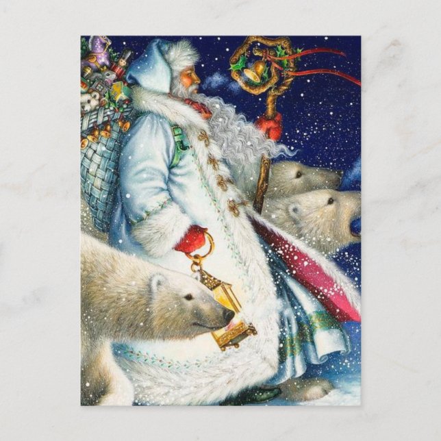 Santa Walking With Polar Bears Holiday Postcard (Front)