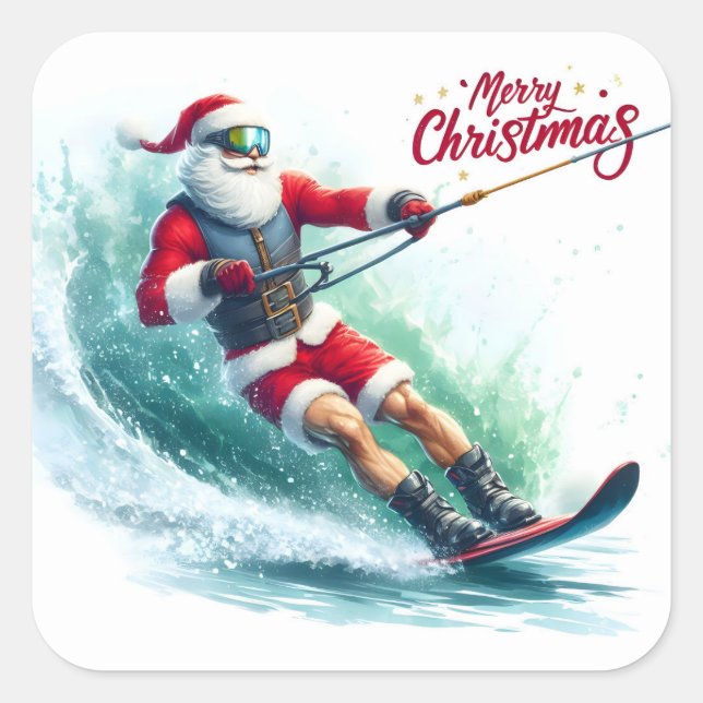 Santa Waterskiing on a Sunny Christmas Morning Square Sticker (Front)
