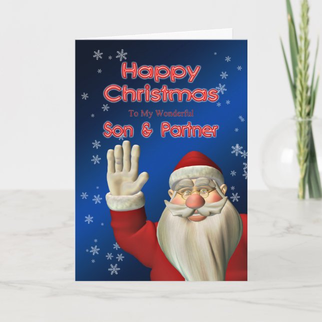 Santa waving Christmas card for son & partner (Front)