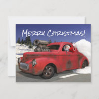 Santa Waving Driving Old 1941 Rusty Hotrod Coupe  