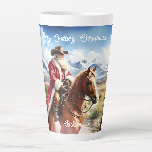  Santa Wearing Cowboy Hat and Riding Horse Latte Mug (Front)