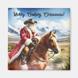 Santa Wearing Cowboy Hat and Riding Horse Magnet