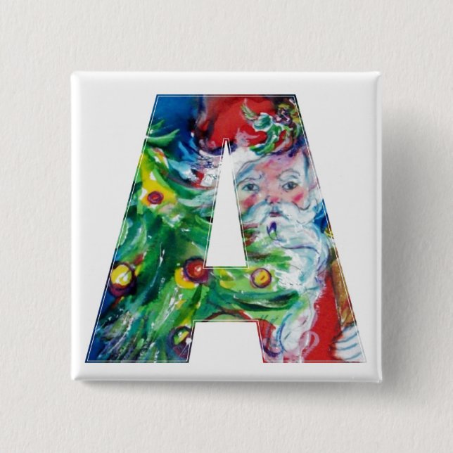 SANTA WITH  BALLOONS AND CHRISTMAS TREE A MONOGRAM 2 INCH SQUARE BUTTON (Front)