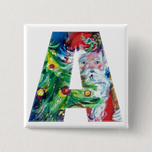 SANTA WITH  BALLOONS AND CHRISTMAS TREE A MONOGRAM 2 INCH SQUARE BUTTON
