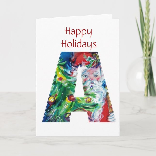 SANTA WITH  BALLOONS AND CHRISTMAS TREE A MONOGRAM HOLIDAY CARD (Front)