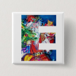 SANTA WITH  BALLOONS AND CHRISTMAS TREE E MONOGRAM 2 INCH SQUARE BUTTON