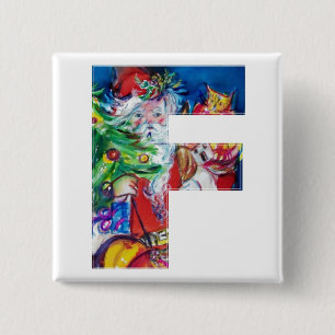 SANTA WITH  BALLOONS AND CHRISTMAS TREE F MONOGRAM 2 INCH SQUARE BUTTON