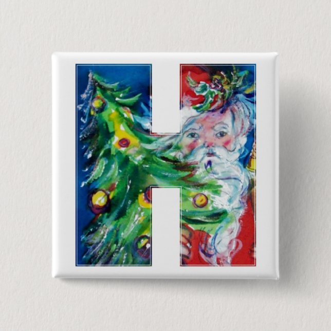 SANTA WITH  BALLOONS AND CHRISTMAS TREE H MONOGRAM 2 INCH SQUARE BUTTON (Front)