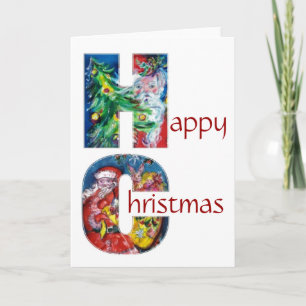SANTA WITH  BALLOONS AND CHRISTMAS TREE MONOGRAM HOLIDAY CARD
