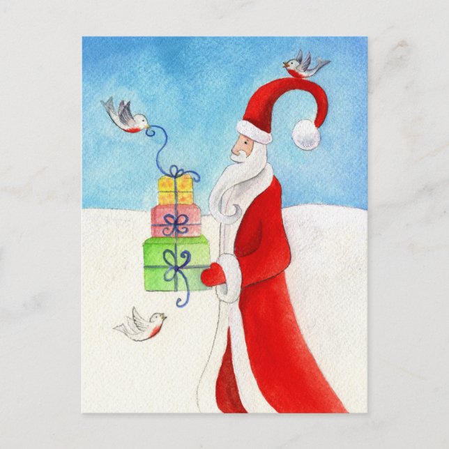 Santa with birds in the Snow watercolor postcard (Front)