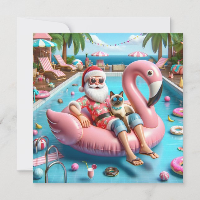 Santa with cat floating in pool Christmas Party  Holiday Card (Front)