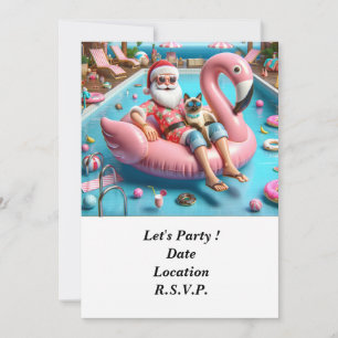 Santa with cat floating in pool Christmas Party  Invitation