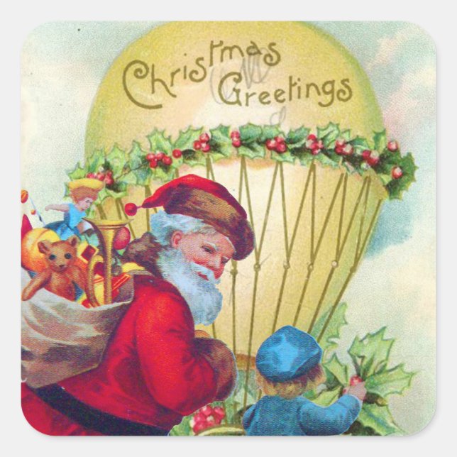 SANTA WITH CHILD ,CHRISTMAS BALLOON,HOLLYBERRIES SQUARE STICKER (Front)