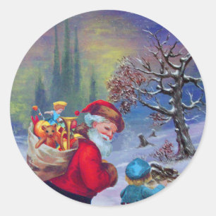 SANTA WITH CHILD IN THE WINTER SNOW CLASSIC ROUND STICKER