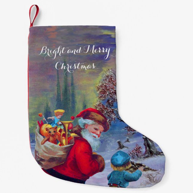 SANTA WITH CHILD IN THE WINTER SNOW SMALL CHRISTMAS STOCKING (Front)