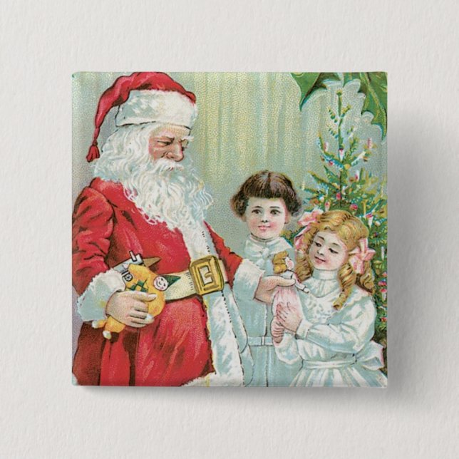 Santa With Children 2 Inch Square Button (Front)