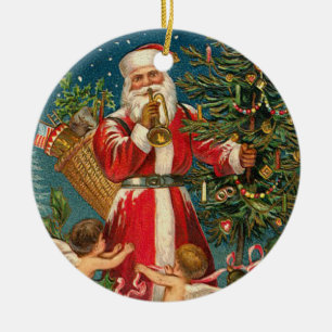 Santa with Christmas Angels around a Tree Ceramic Ornament