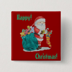 santa with christmas toys and gifts in a stocking 2 inch square button